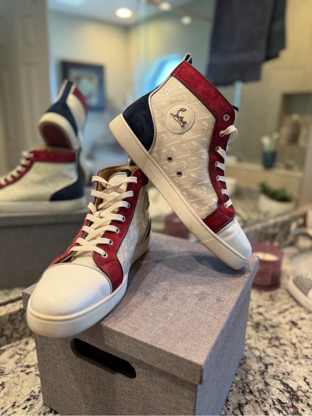 Christian Louboutin High-Top Sneakers in White, Burgundy & Navy